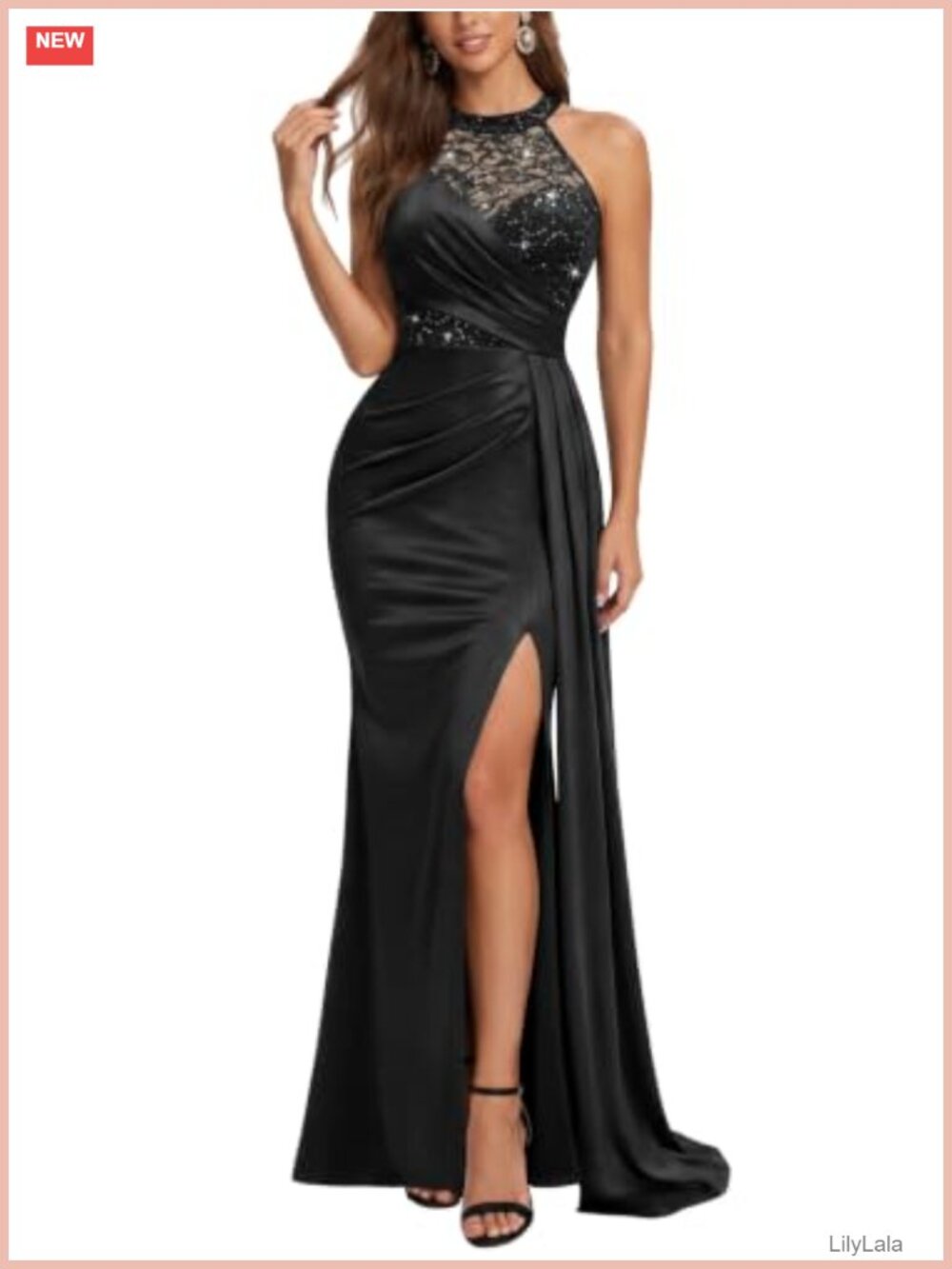 Sexy Halter Sequin Lace Satin A-Line Maxi Evening Party Dress